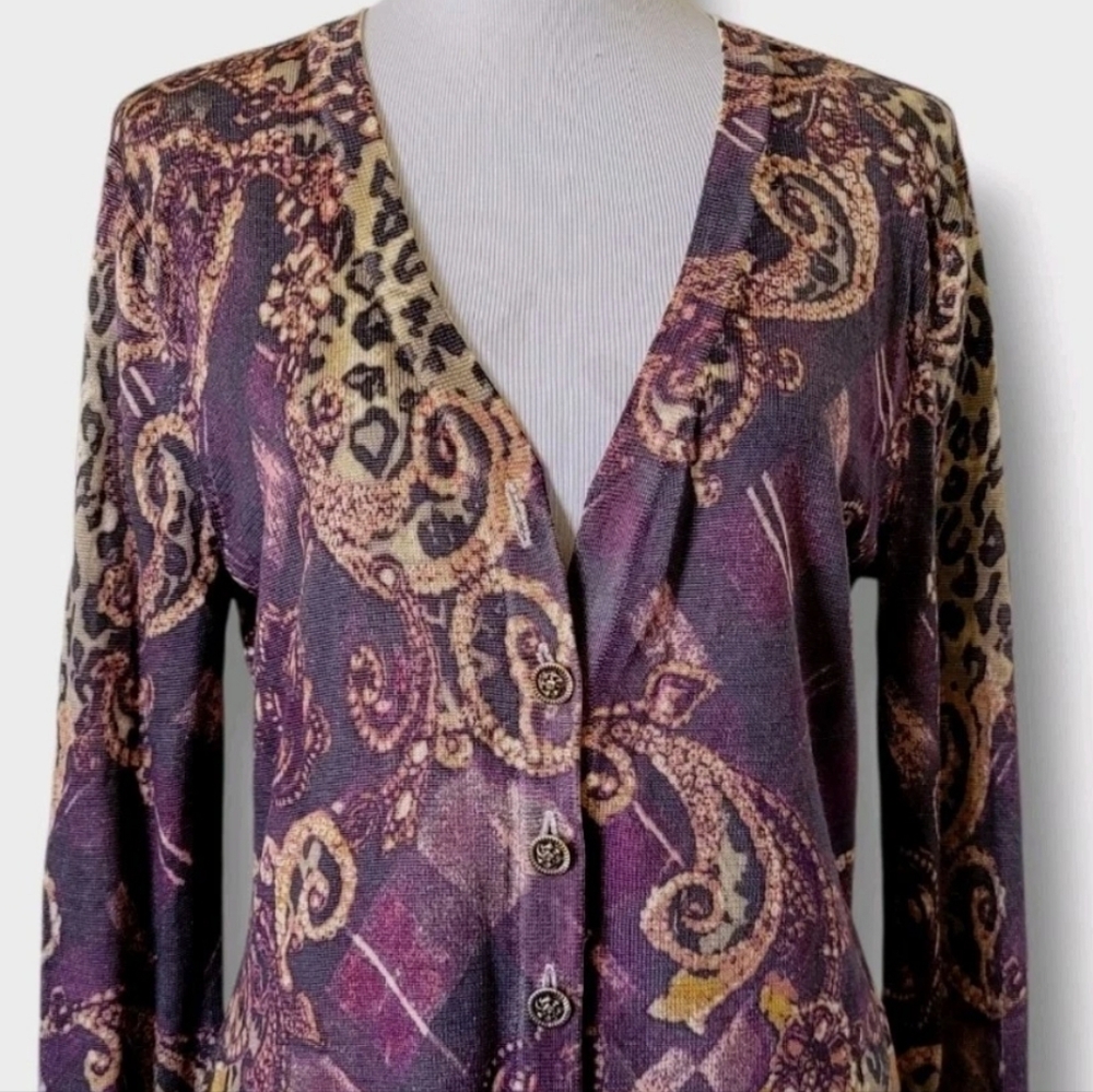 St. John Purple and Tan Paisley Print Cardigan